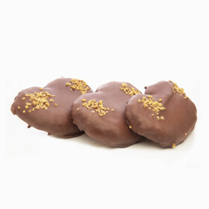 Mini palmeras de Hojaldre con forma de palmera con crema de avellana y cacao cubierto de cobertura negra y decorado con crocanti