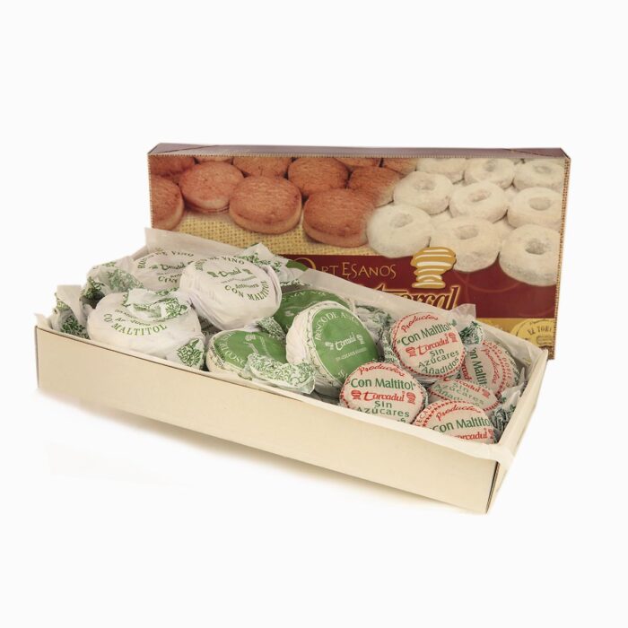 Caja de Surtido de dulces típicos navideños con edulcorantes. Contiene Rosco de vino, anís y mantecado de canela con edulcorante